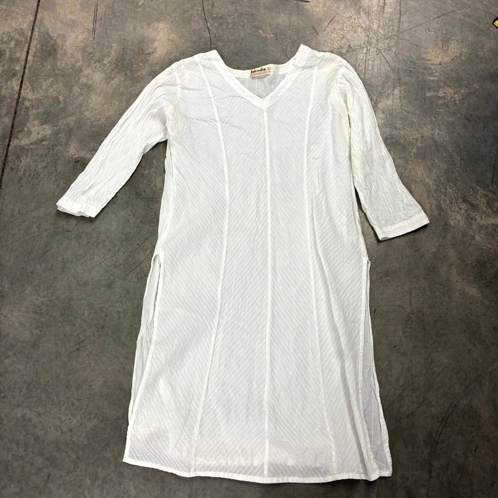 Fabindia White Cotton Kurta Tunic V-Neck 3/4 Sleeve Striped Boho L